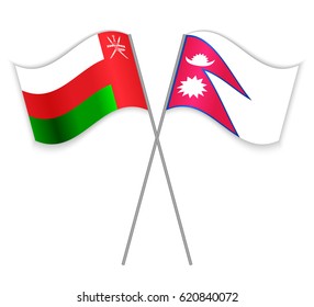 Omani and Nepalese crossed flags. Oman combined with Nepal isolated on white. Language learning, international business or travel concept.