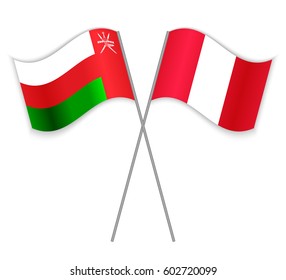 Omani and Peruvian crossed flags. Oman combined with Peru isolated on white. Language learning, international business or travel concept.