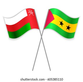Omani and Sao Tomean crossed flags. Oman combined with Sao Tome and Principe isolated on white. Language learning, international business or travel concept.