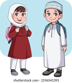 omani Sonriente chico y chica con mochilas. Ilustración vectorial omaní. niños lindos