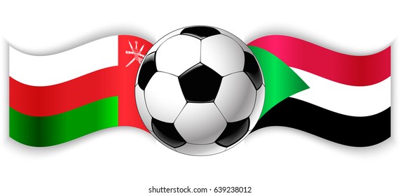Omani and Sudanese wavy flags with football ball. Oman combined with Sudan isolated on white. Football match or international sport competition concept.