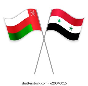 Omani and Syrian crossed flags. Oman combined with Syria isolated on white. Language learning, international business or travel concept.