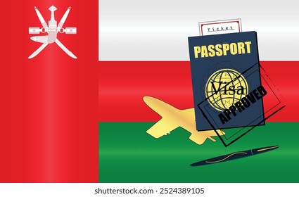 Omani Travel Documentation Concept with blue Passport and Oman Flag. Approved Stamp. Airplane and Travel Tickets. Ideal for Immigration Tourism and Traveling Themes. Vector EPS available