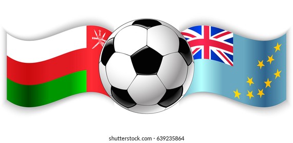 Omani and Tuvaluan wavy flags with football ball. Oman combined with Tuvalu isolated on white. Football match or international sport competition concept.