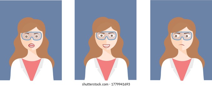 Cara de mujer con gafas, diferentes emociones, vector