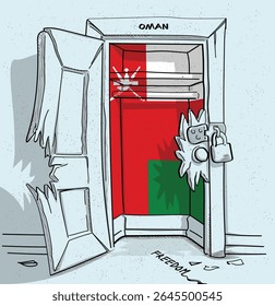 O caminho de Omã para a liberdade. Ilustração política de uma porta quebrada, mas trancada, com a bandeira nacional. Uma metáfora para luta e esperança.