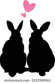 omantic Bunny Silhouette, Black Rabbits Facing Each Other, Love Heart Symbol, Animal Romance, Cute Couple Illustration, Vector Icon Flat Design