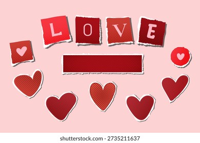 omantic collage style illustration with torn paper letters spelling love, red and pink hearts, halftone texture and copy space. Valentine’s day background for greeting cards, banners and love messages.