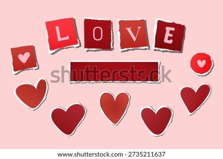 omantic collage style illustration with torn paper letters spelling love, red and pink hearts, halftone texture and copy space. Valentine’s day background for greeting cards, banners and love messages.