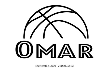 Omar - first name written in sport style and stylized basketball sketch; black color; vector graphics for banners, cards, sweatshirts, prints, cricut, silhouette, sublimation