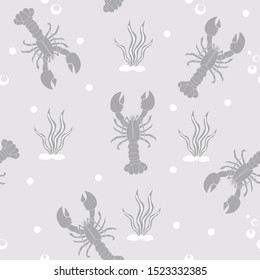 Omar, lobster at the bottom of the sea with algae. Seamless background.