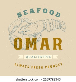 Omar logo template on a craft background. Retro label for the menu of fish restaurants, markets and shops. Vintage vector illustration Omar, Lobster in the style of an old engraving.