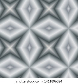 Ombre gradient kaleidoscope seamless repeat vector pattern. Silver gray diamond and 4-pointed star design.