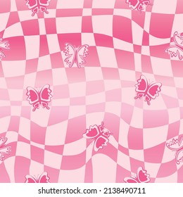 Ombre Gradient Pink Psychedelic Butterfly Checkerboard Y2K Butterfly Funky Cute Seamless Pattern Background Repeat