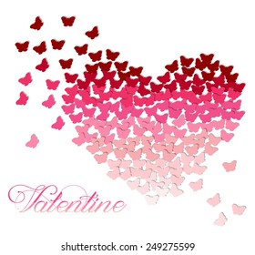 Ombre heart made of butterflies in shades of pink and red on transparent white background