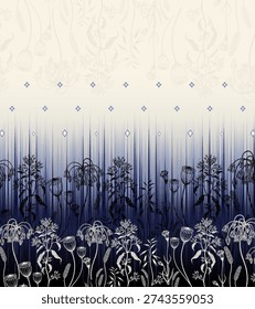 Ombre blue‑to‑white wallpaper with layered white and black botanical floral illustrations and subtle diamond accents.