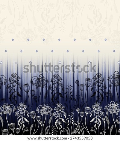 Ombre blue‑to‑white wallpaper with layered white and black botanical floral illustrations and subtle diamond accents.