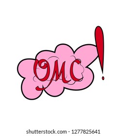 Omc lettering. Comic sound speech effect bubble isolated on white background illustration. Bang inscriptions. Humorous for cloud speech. Vector illustration.