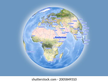 Omdurman-Sudan is shown on vector globe map. The map shows Omdurman-Sudan 's location in the world.