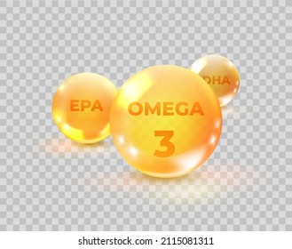 Omega 3. 3d EPA And DHA Molecular Fish Oil, Omega3 Three Isolated Nutritivos, Clear Molecule Natural Vitamin, Realistic Collagen Vector. Illustration Of Oil Omega Fish