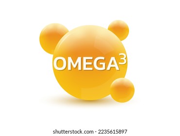 Omega 3 3d icon. Circle drop, capsule or pill isolated on white background. Molecule bubbles design. Vector illustration.