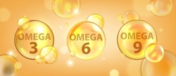 Omega 3 3D Molecule Bubble Background, Vitamin Medical Nutrient Tablet Gel, Vector Fish Oil Cell. Gold Transparent Sphere, Health Beauty Care Medicine Advertisement. Omega 6 And 9 Molecule Clipart