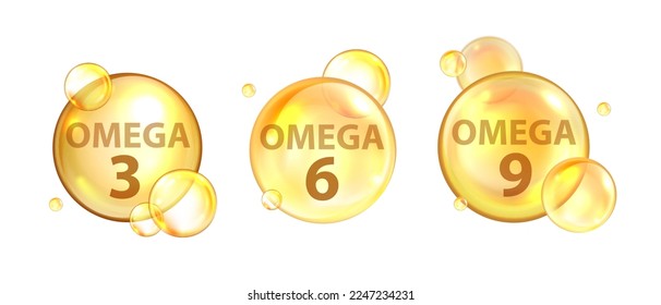 Omega 3 3D molecule bubble set, fish oil cell icon kit, vector vitamin medical nutrient tablet gel. Gold transparent sphere, health beauty care medicine advertisement. Omega 6 and 9 molecule clipart