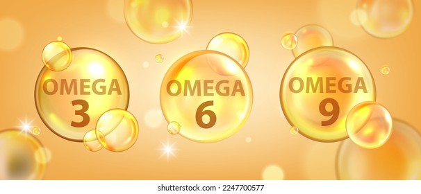 Omega 3 3D molecule bubble background, vitamin medical nutrient tablet gel, vector fish oil cell. Gold transparent sphere, health beauty care medicine advertisement. Omega 6 and 9 molecule clipart