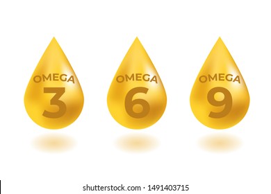 Omega 3, 6, 9 acids drops gold icon. Polyunsaturated fatty.  Nutrition skin care design and
Beauty treatment. Vector illustration.