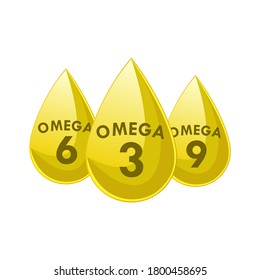 Omega 3, 6, 9 acids drops gold logo template. Polyunsaturated fatty. Nutrition skin care design and Beauty treatment. eps 2