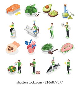 Omega 3 6 And 9 Acids Isometric Icons Set With Healthy Food Symbols Isolated Vector Illustration