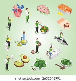 Omega 3 6 and 9 acids isometric icons set with healthy food symbols isolated vector illustration healthy lifestyle wooden dietary vegetable vegetable  avocado walnut nourishment healthcare 