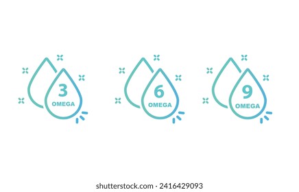 Omega 3, 6, 9 Fettsäuren. Drei Tropfen mehrfach ungesättigter Fettsäuren. Vektorgrafik.