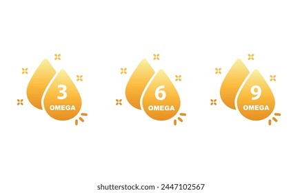 Omega 3, 6, 9 fatty acids. Three drops of polyunsaturated fatty acids. Vector illustration.