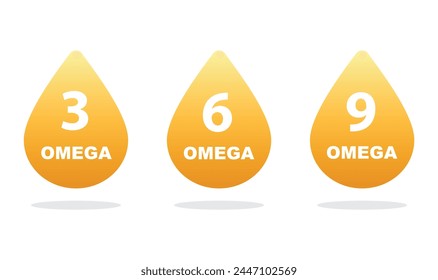 Omega 3, 6, 9 fatty acids. Three drops of polyunsaturated fatty acids. Vector illustration.