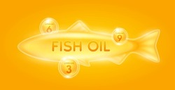Omega 3, 6, 9. Fish Oil Extracted From Nature. Vitamins Collagen Essential To The Health For The Body. For Dietary Nutritional Supplement. On Orange Background. Vector.