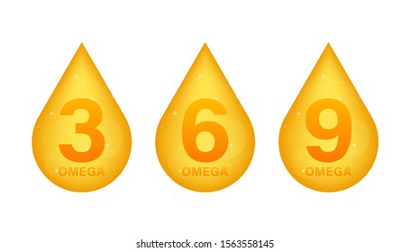 Omega 3, 6, 9, gold icon. Vitamin drop pill capsule. Shining golden essence droplet. Vector illustration.