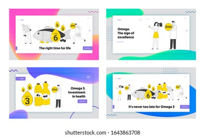 Omega 3 6 9 Nutrients Website Landing Page Set. Food with High Level of Fats for High Energy Power, Beauty and Health, Dietary Ingredient Web Page Banner. Cartoon Flat Vector Illustration, Line Art