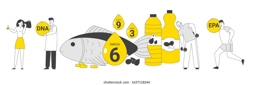 Omega 3 6 9 Oils Concept. People Sportsmen Take Products and Vitamins with Polyunsaturated Fatty Acids, Natural Organic Food with High Level of Fats, Beauty. Cartoon Flat Vector Illustration, Line Art