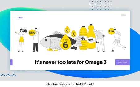 Omega 3 6 9 Oils Website Landing Page. People Sportsmen Take Products and Vitamins with Polyunsaturated Fatty Acids, Natural Organic Food Web Page Banner. Cartoon Flat Vector Illustration, Line Art