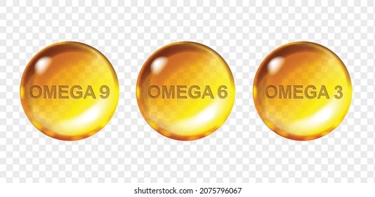 Omega 3 Omega 6 Omega 9 Polyunsaturated acids pill. Fish oil transparent capsules of vitamin Vector realistic 3d illustration