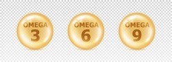 Omega 3, 6, 9. Set Fish Fatty. Vitamin Isolated On Transparent Background. Nutrient Icon. Yellow Orb Pil. Big Shape Glass Circle. Oil 3d Bubble. Round Sphere Concentrate Nutrition. Vector Illustration