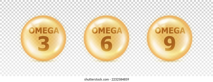 Omega 3, 6, 9. Set fish fatty. Vitamin isolated on transparent background. Nutrient icon. Yellow orb pil. Big shape glass circle. Oil 3d bubble. Round sphere concentrate nutrition. Vector illustration