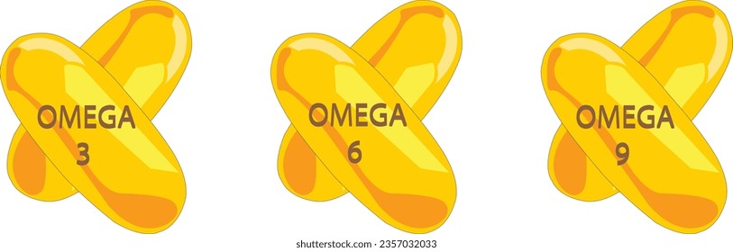 OMEGA 3, 6, 9 Juego de gotas de oro iconos Omega Tres, Seis Y Nueve. Omega-3 grasas poliinsaturadas, Omega-6, Omega-9.