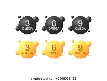 Omega 3, 6, 9 vitamins. Different styles, omega 6, omega 9, vitamins icons. Vector icons