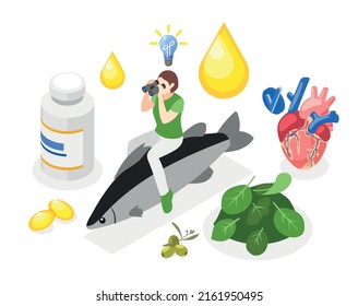 Omega 3 and 6 acids isometric composition with vitamin rich products and supplements vector illustration