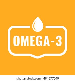 Omega - 3. Badge, icon, logo vector design illustration on yellow background. Can be used for eco, organic, bio theme.