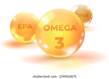Omega 3 balls. Realistic golden pills. Oil drop isolated on white background