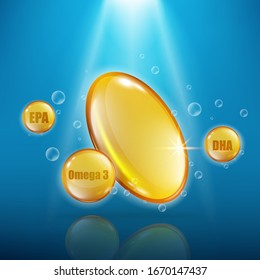 Omega-3-Kapsel- und Plakatvorlage mit goldener Fischölkapsel mit goldener Kugel EPA und DHA-Pillen, die in blauem Wasser mit Kopienraum schwimmen - Vektorillustration-Illustration