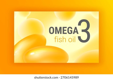 Omega 3 cápsulas de Anuncio de Vector en estilo 3D. Plantilla de publicidad de píldoras de aceite de pescado recubiertas. Envases de suplementos dietéticos. Muchos grandes blobs de transformación de fondo. Diseño de forma fluida abstracta amarilla brillante